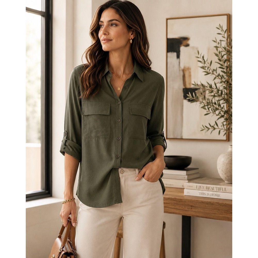 Banana Republic Olive Green Utility Button Front Blouse Roll Tab Sleeves Women's